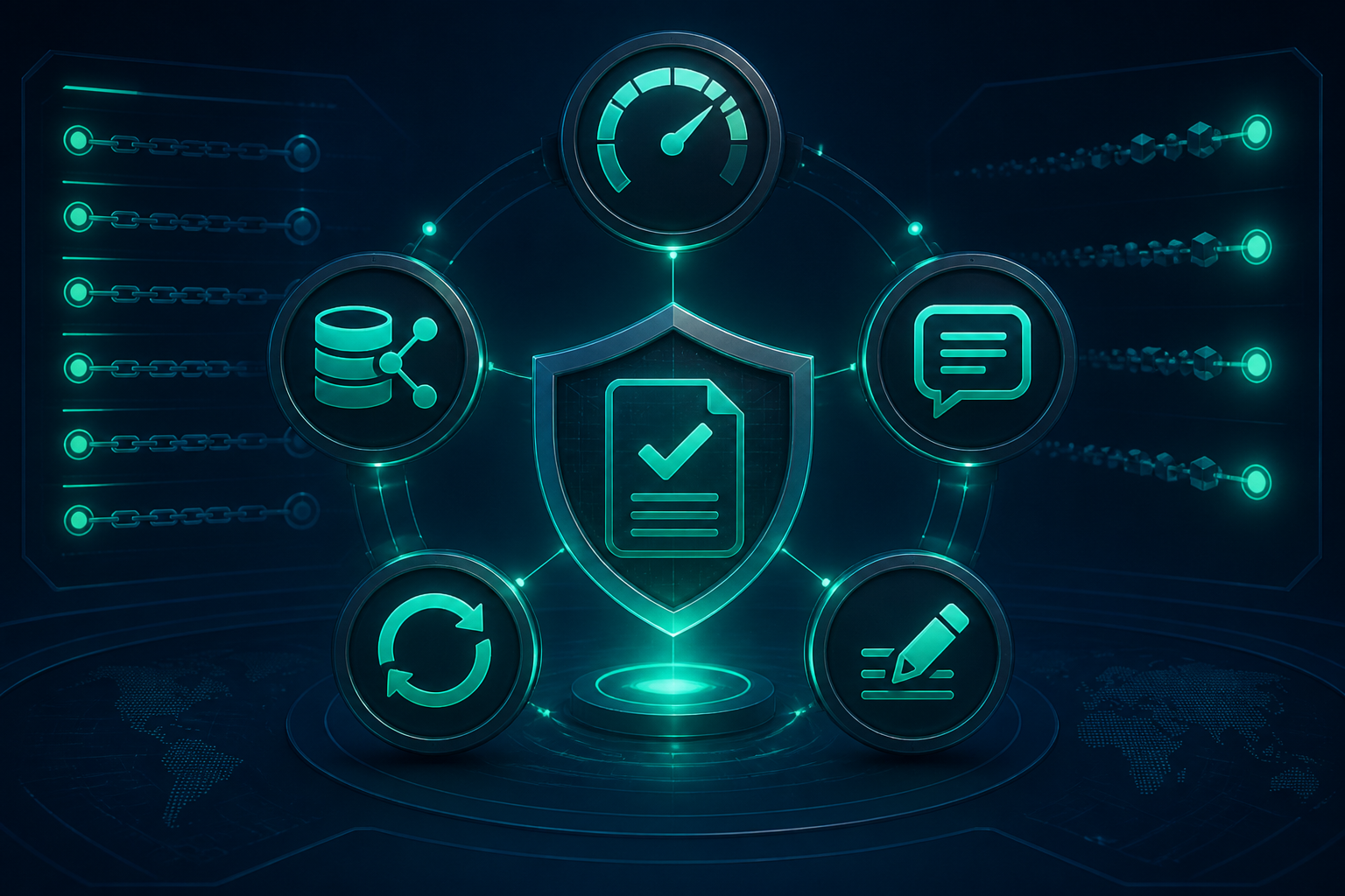 Mission-control dashboard with five AI reliability badges